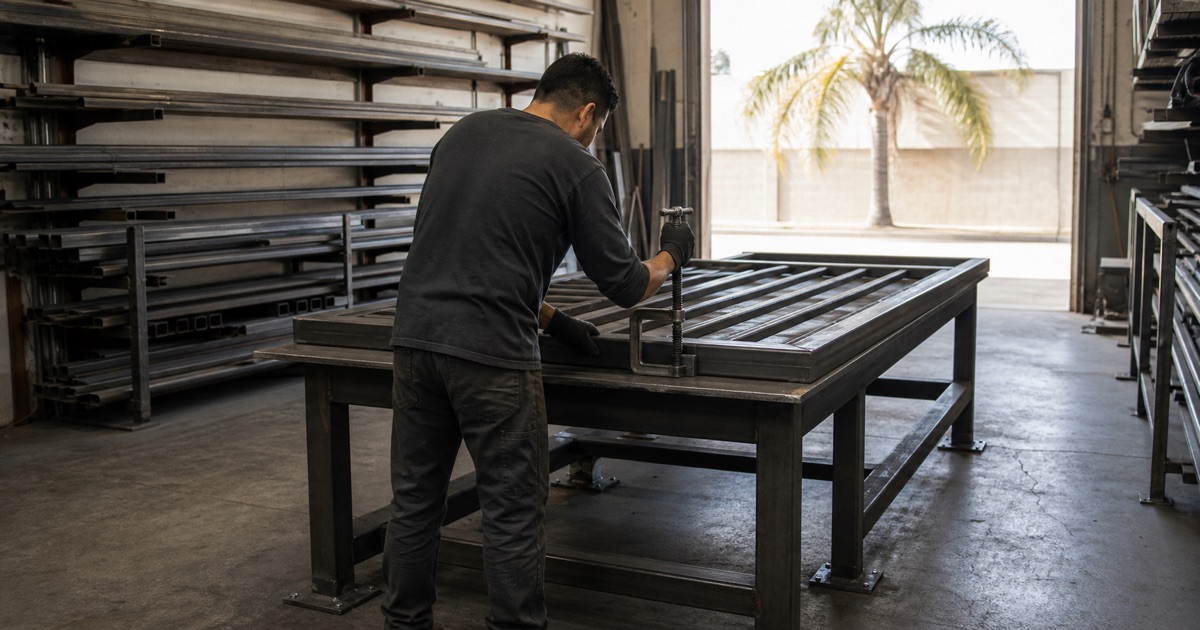 Fabricator clamping a steel gate frame in the shop