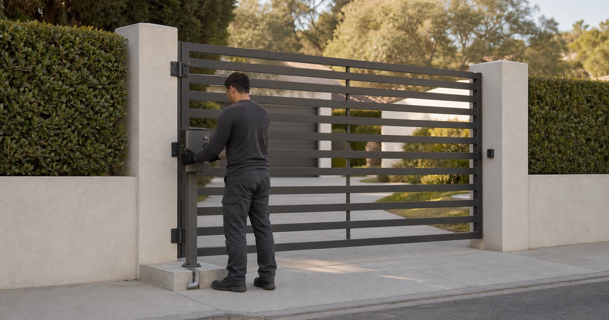 Technician seating a keypad into its pedestal head at a driveway entrance