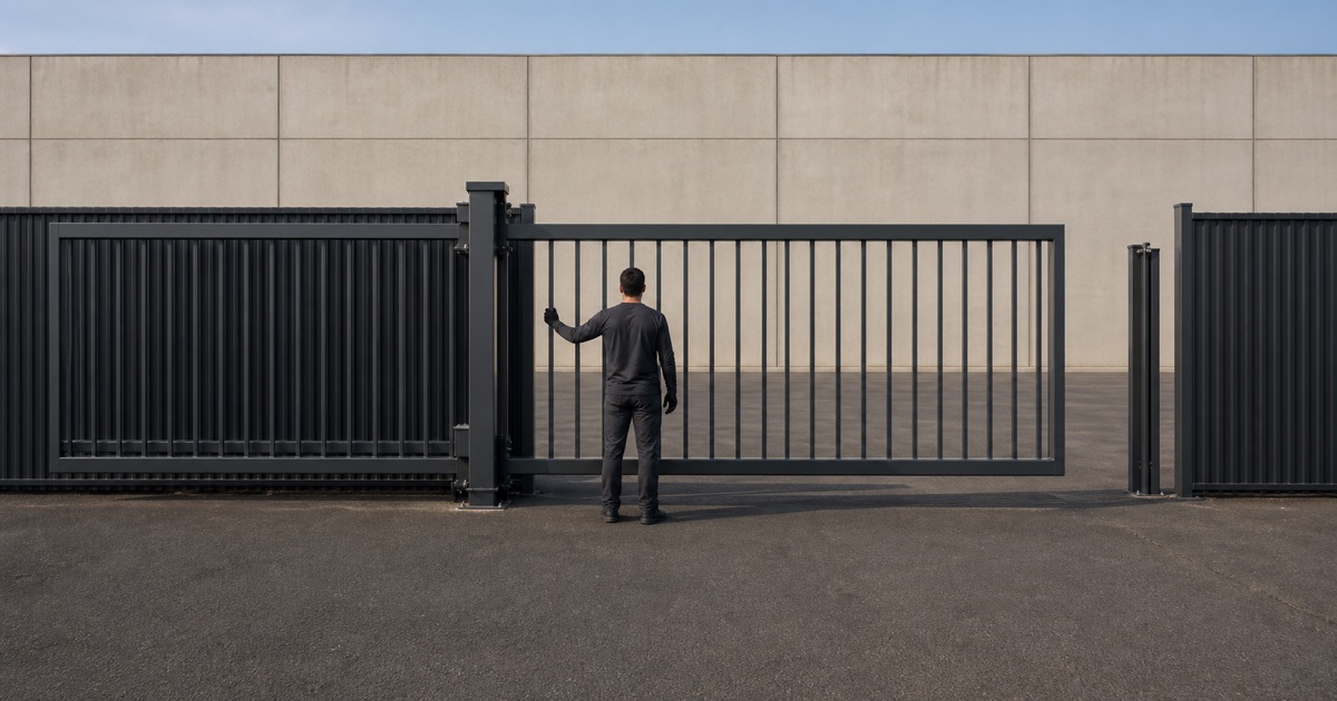 Installer rolling a steel cantilever gate open across an industrial yard entrance