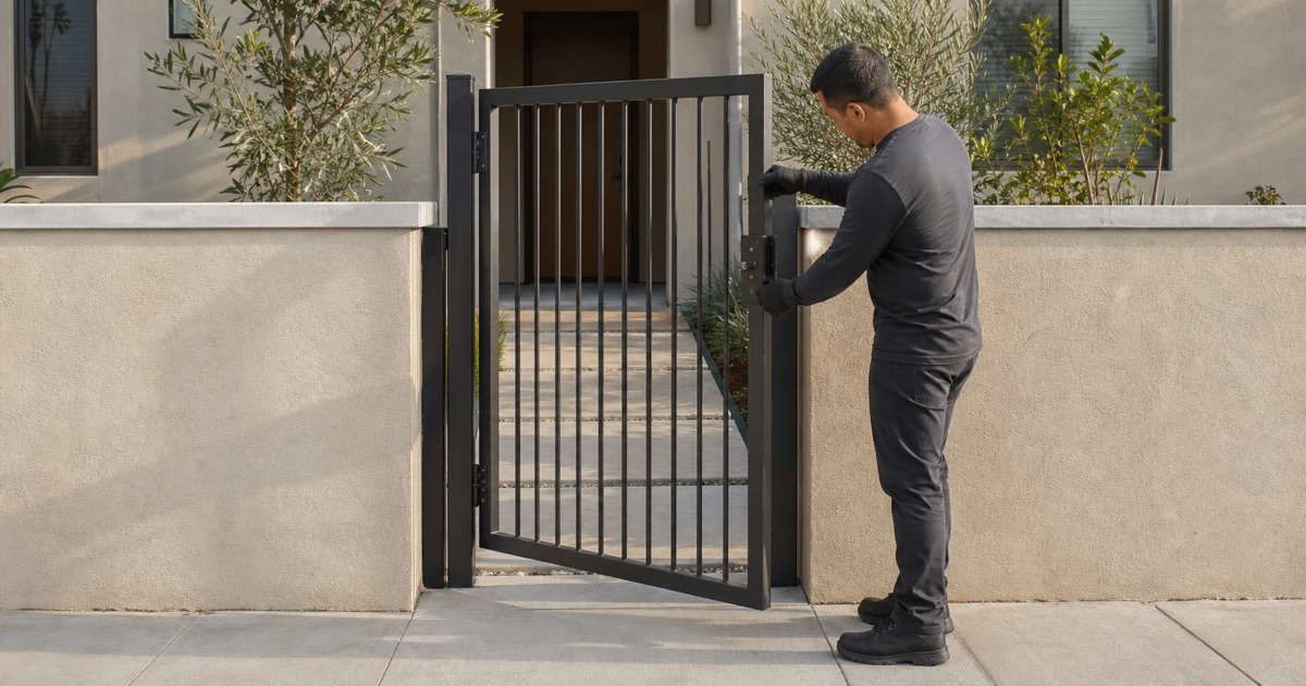 Installer setting the keeper plate on a pedestrian gate latch