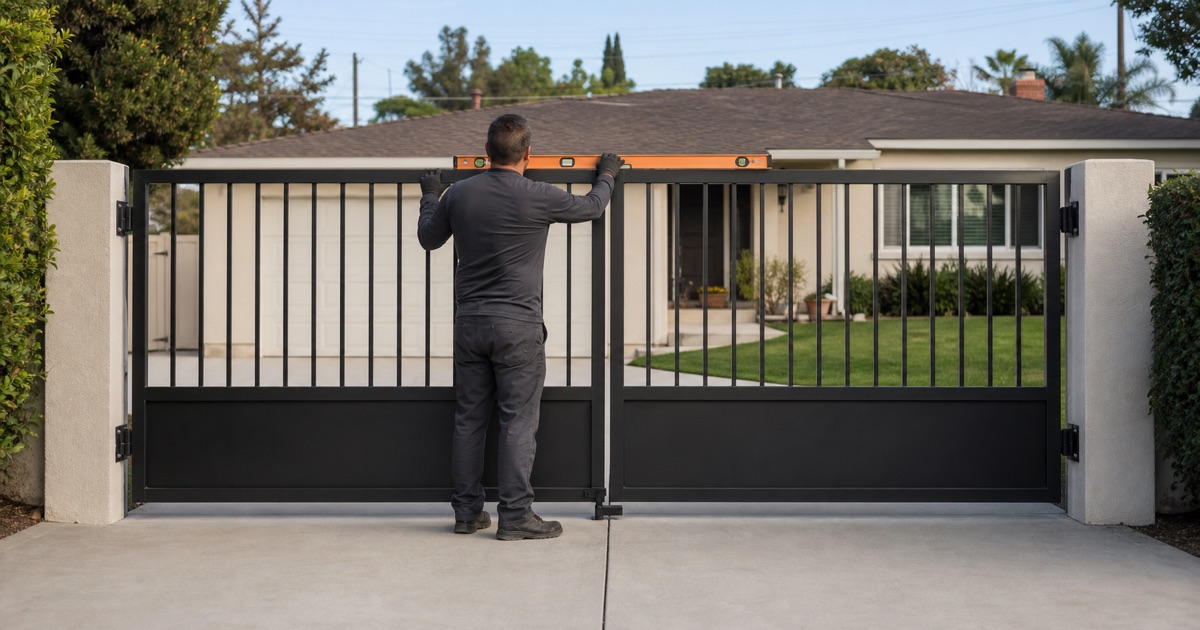 Installer levelling the top rail of a newly hung steel driveway gate