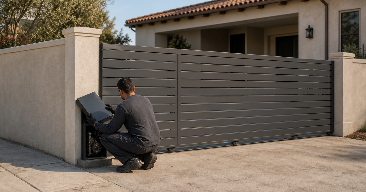 Technician lifting the housing cover from a slide gate operator during a repair