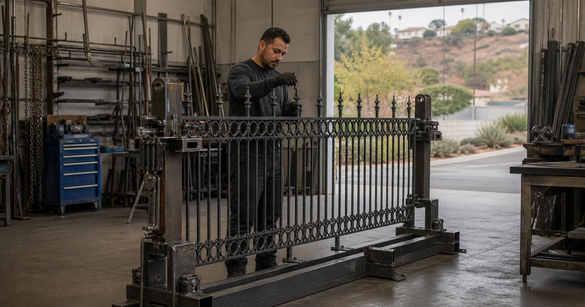Fabricator setting a forged finial on an ornamental Brea entrance gate