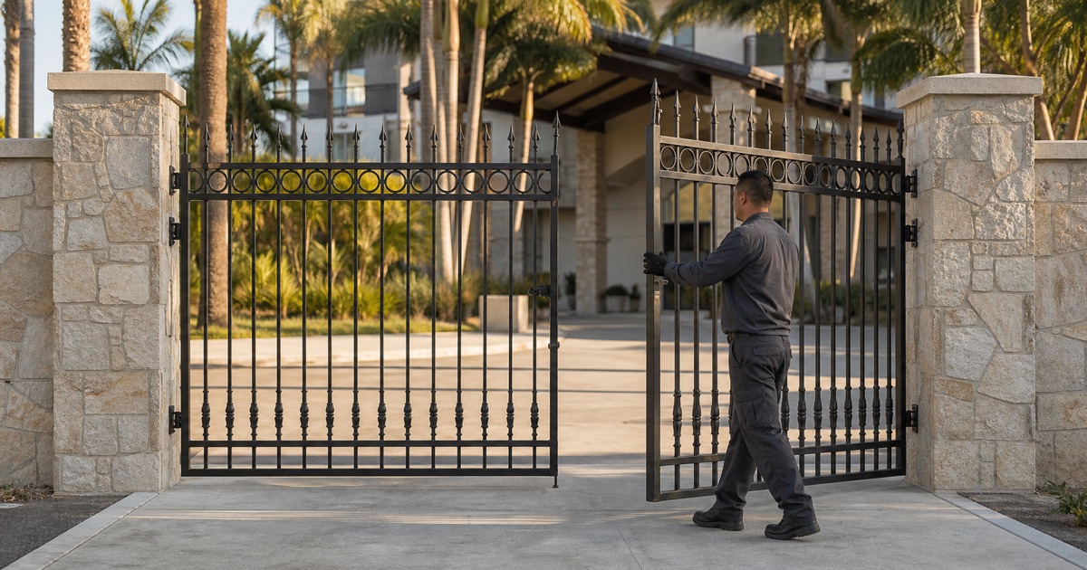 Installer swinging one leaf of an ornamental iron entrance gate open