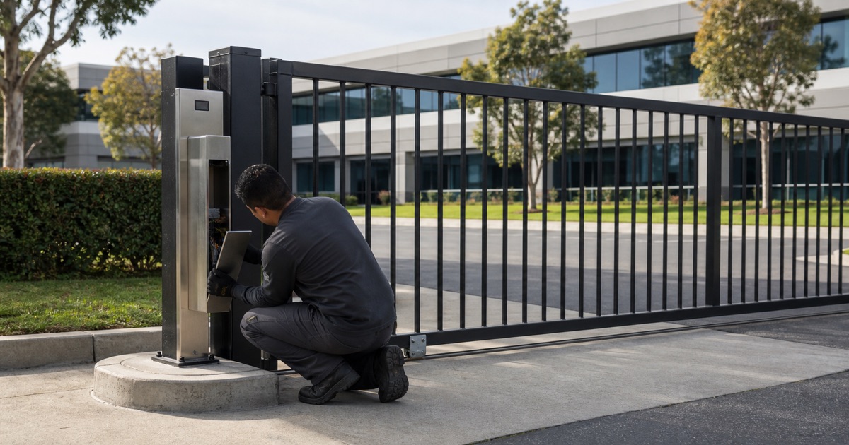 Installer fitting an intercom pedestal head at a Cypress business park entrance