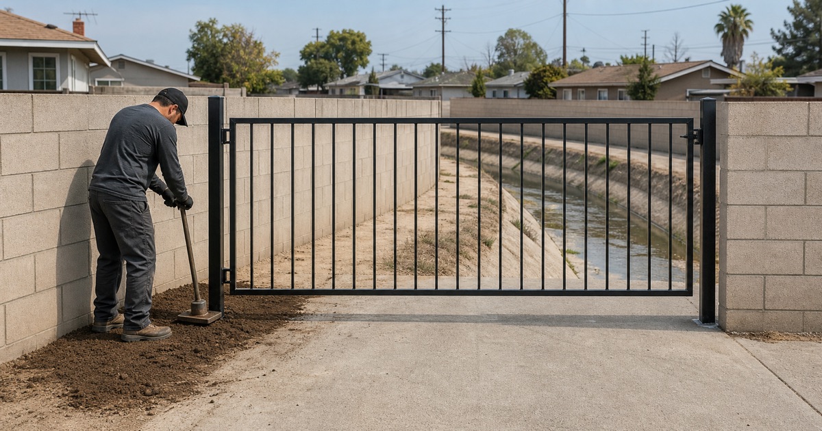 Installer tamping the backfill around a gate post at a Fountain Valley driveway