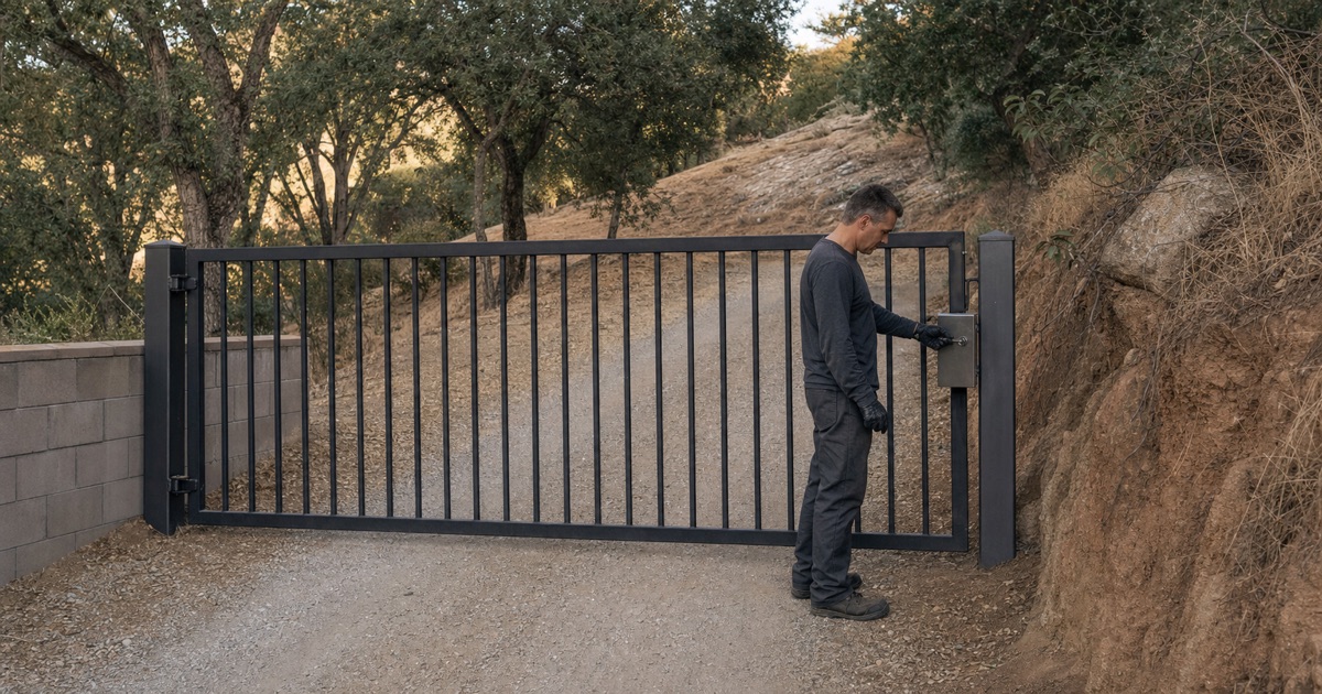 Technician fitting a fire department Knox box at a La Habra Heights driveway gate