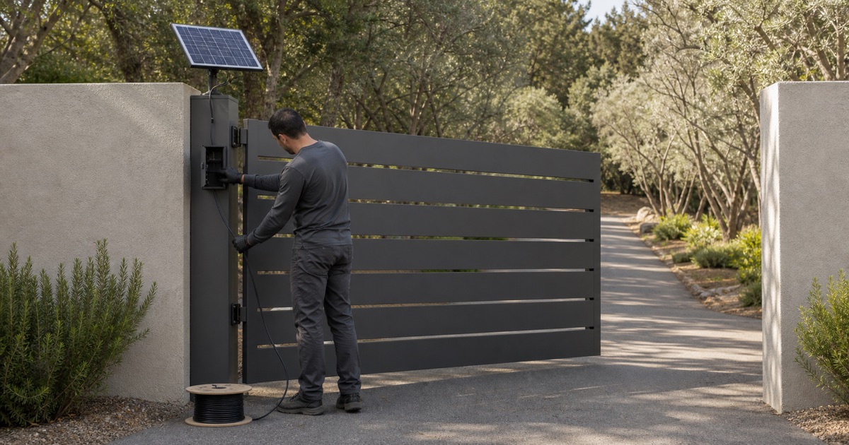 Installer feeding solar cable from a spool into a gate post