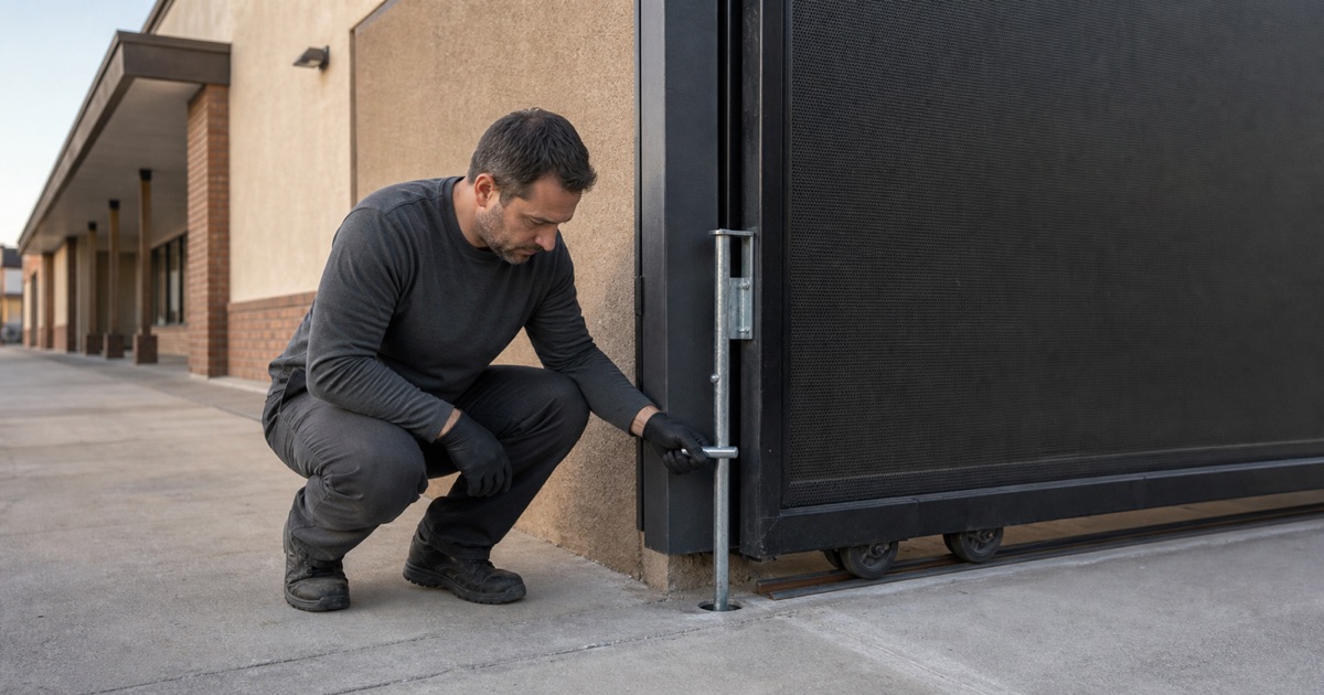 Installer setting the drop bolt on a sliding gate across a drive-through lane