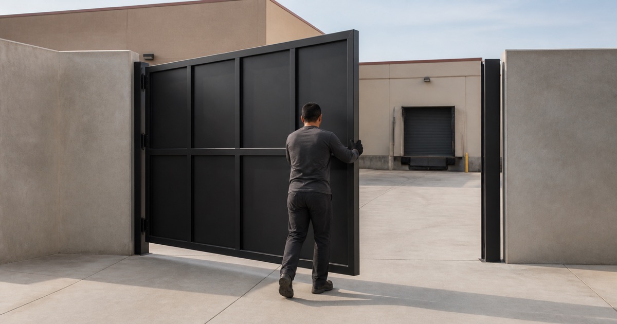 Installer fitting the last infill panel to a wide steel service gate at a Pico Rivera retail centre