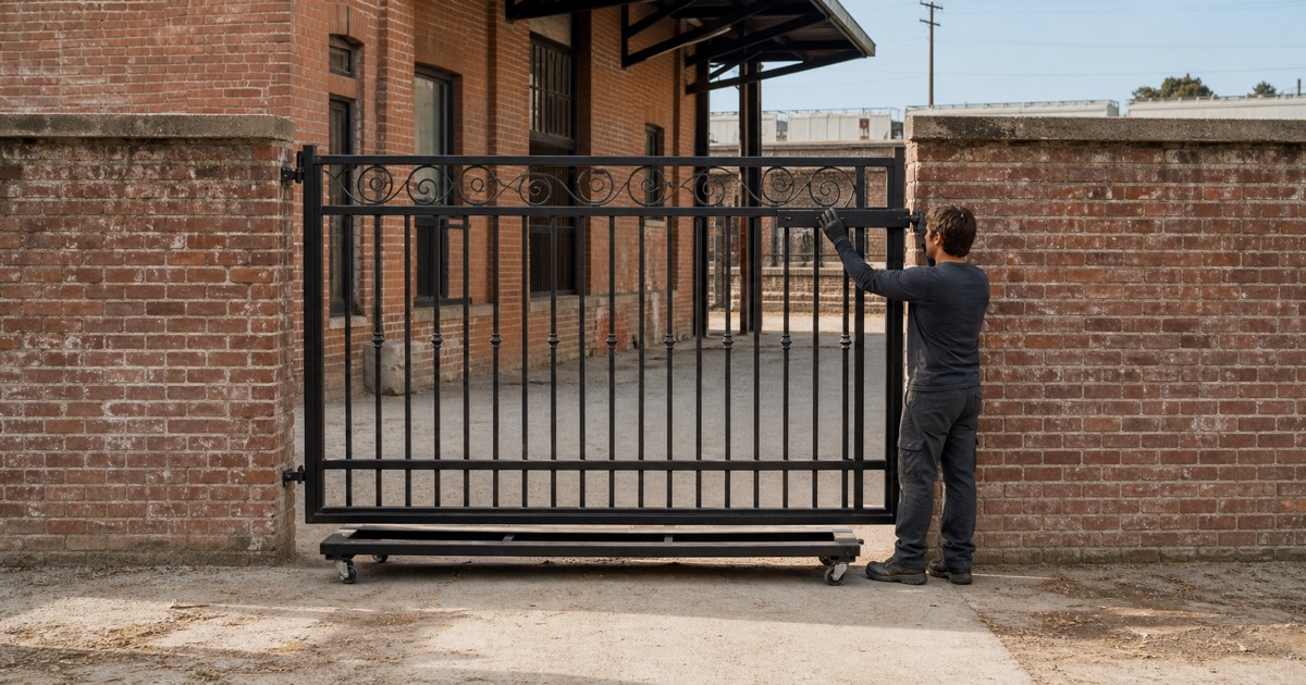 Installer hanging a restored wrought iron gate in a brick wall opening