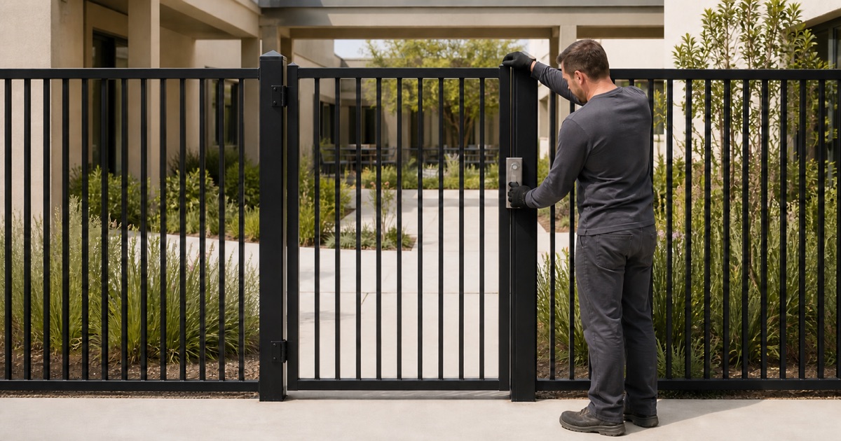Technician adjusting the closer arm on a pedestrian gate at a Stanton care campus