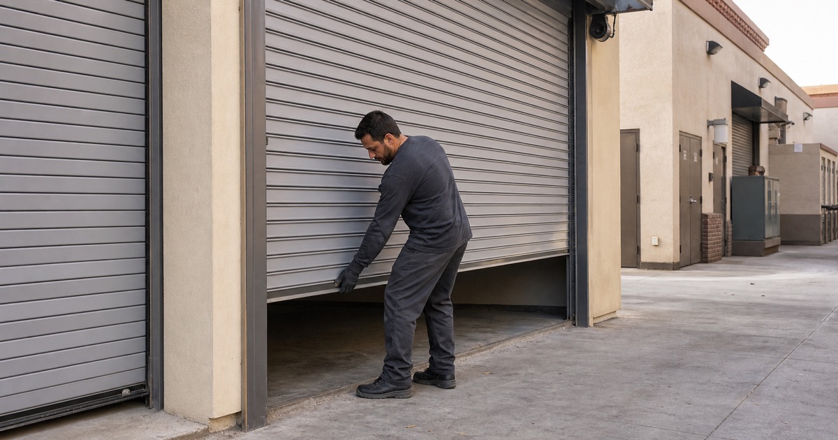 Technician replacing the bottom bar of a roll-up steel door on a shared service court
