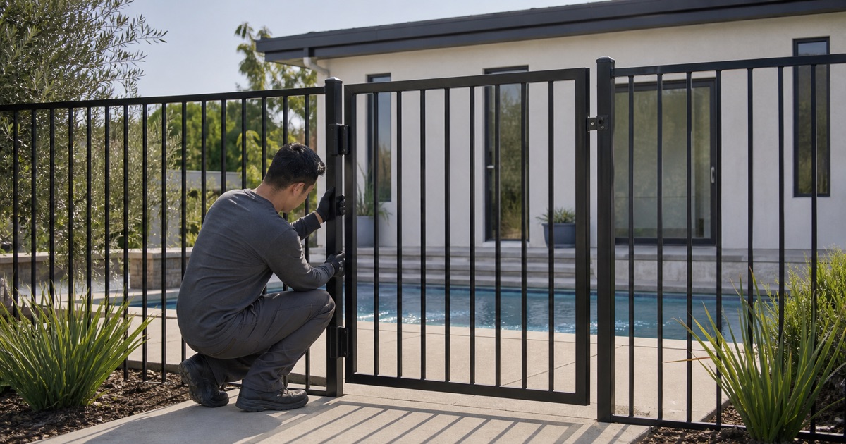 Installer setting the self-closing hinge on an aluminum pool gate