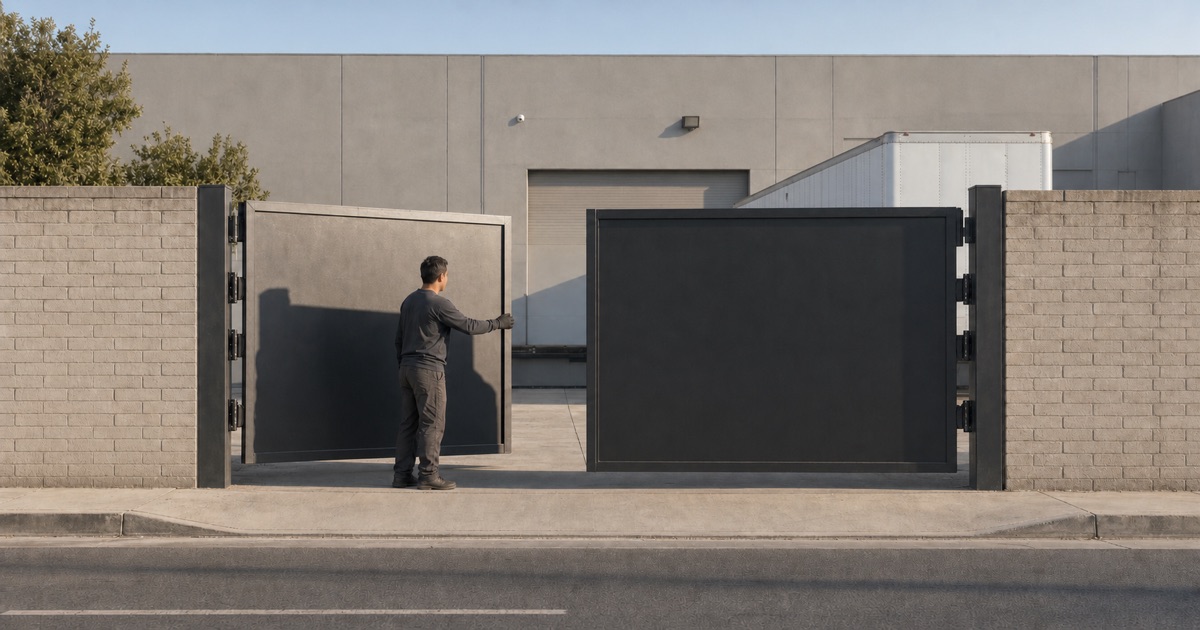 Installer drawing a solid steel entrance gate closed at a Bellflower trucking yard