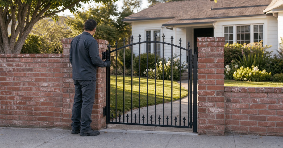 Installer hanging a single open-picket wrought iron front yard gate